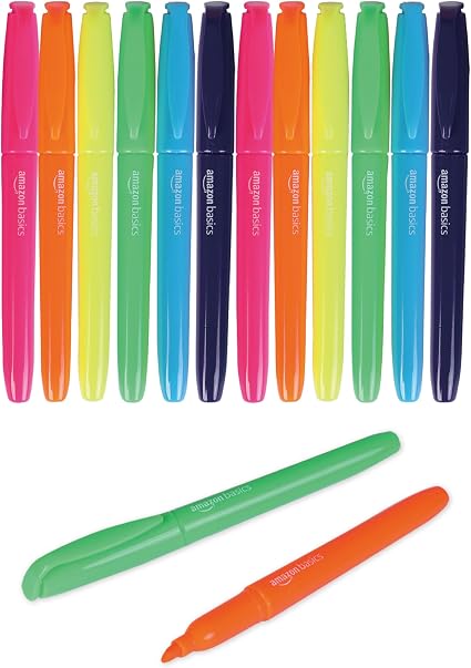 Lot de 12 surligneurs, 6 couleurs fluo assorties, pointe biseautée