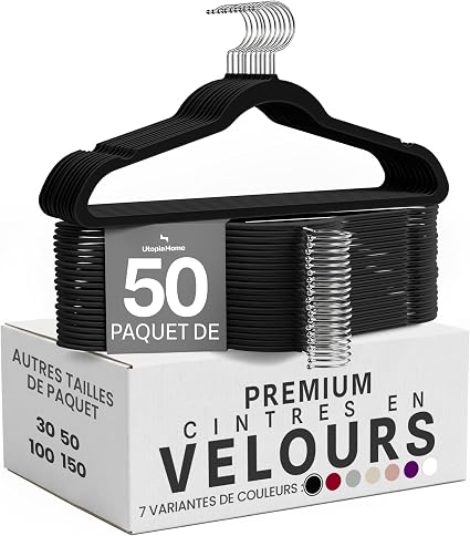 Lot de 50 cintres en velours premium, noir